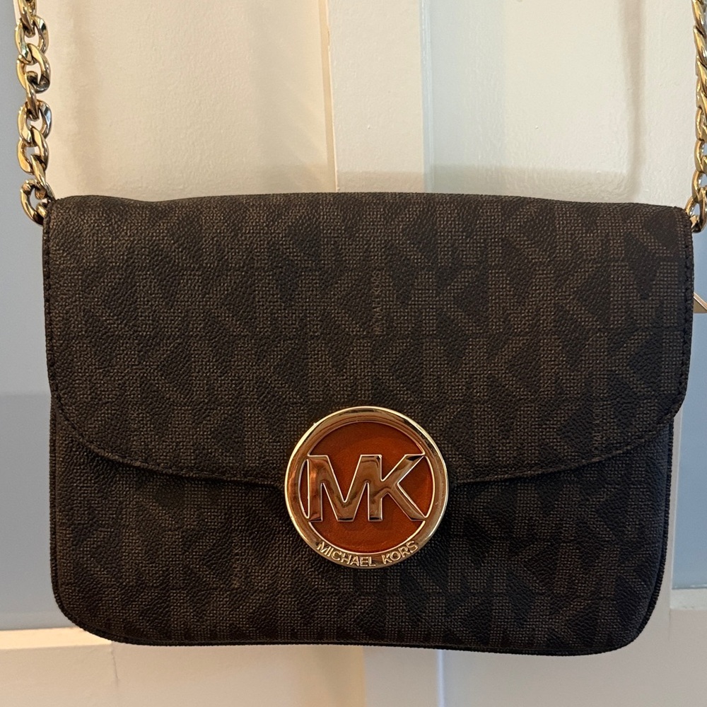 Michael Kors Black and Gold MK Logo Crossbody Bag